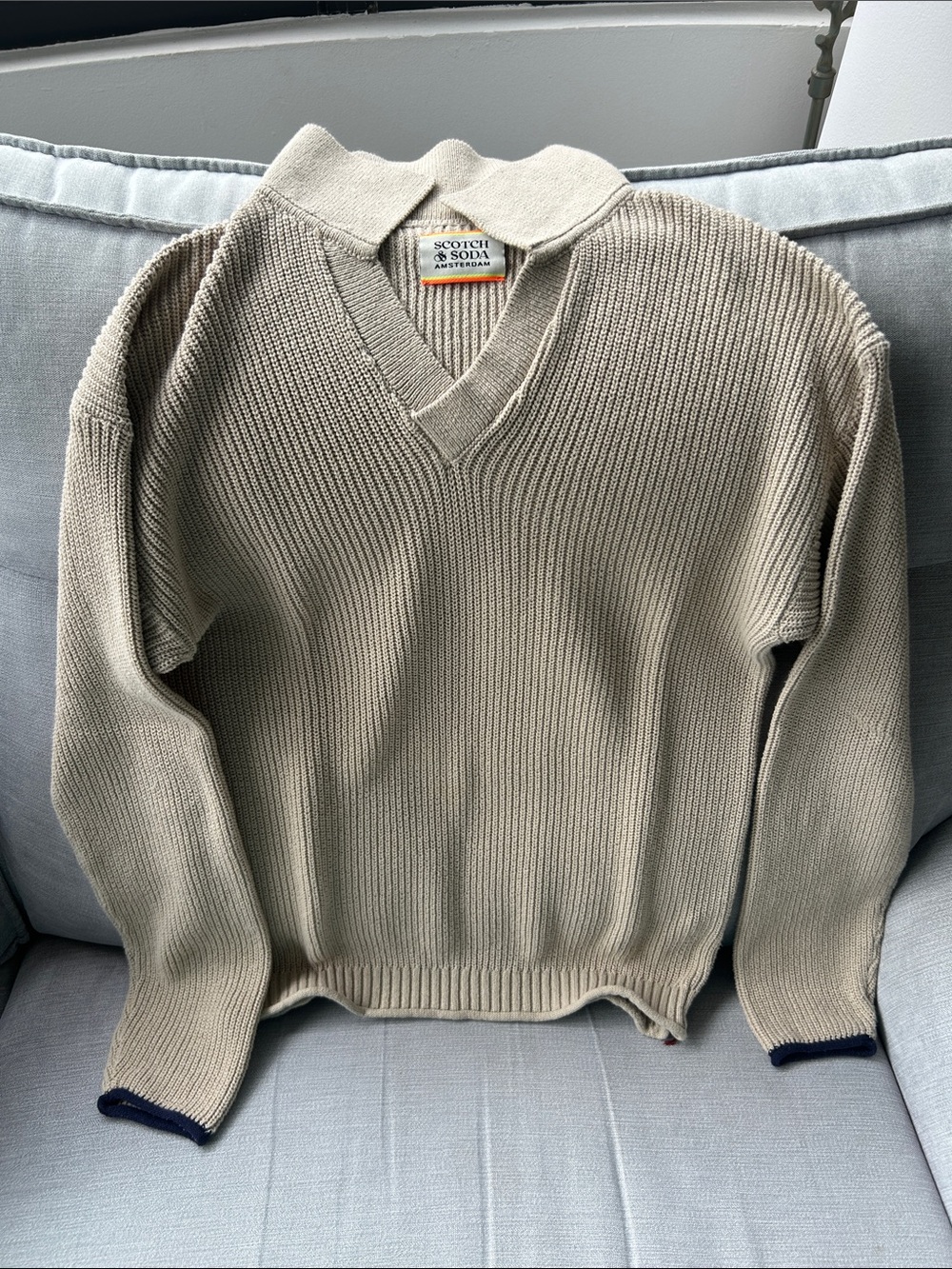 Scotch & Soda Men's V-Neck Knit Sweater in Light Beige with Navy Trim